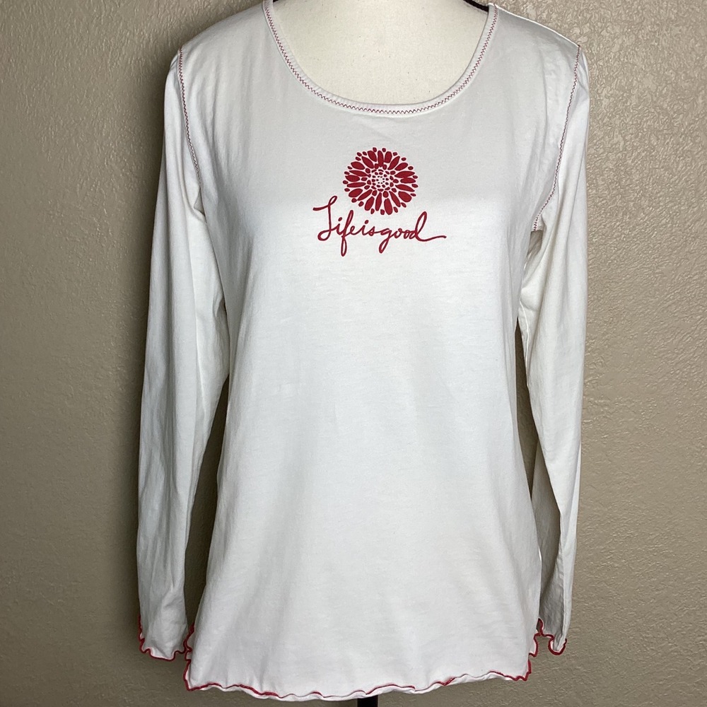 Life is Good Sleep Women's Small White Red Floral Long Sleeve Pajama Top Cotton